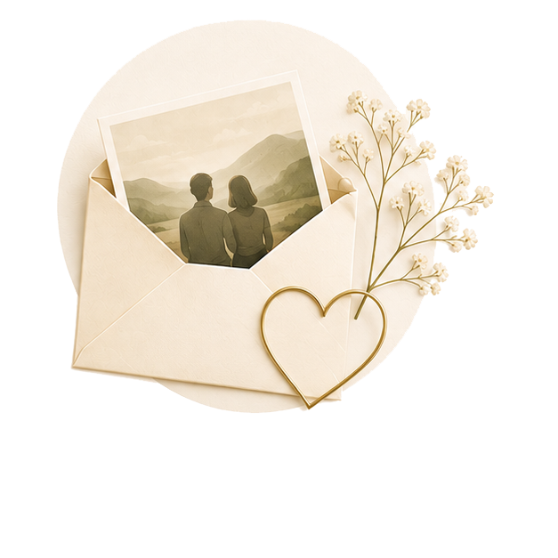 Envelop met foto, bloemen en gouden hart