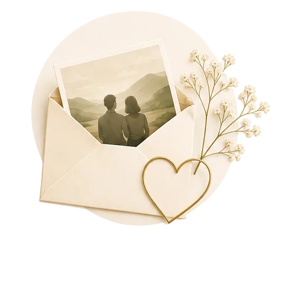 Envelop met foto, bloemen en gouden hart